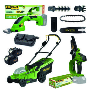 Procraft GARDENSET 20V - sada (nůžky na trávu / sekačka / pilka / 2×4 Ah akumulátor / nabíječka)