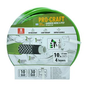 Procraft PR-4GH1310F - zelená zahradní hadice, 4 vrstvy, 1/2", 10m, s příslušenstvím