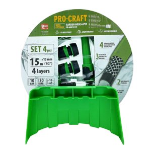 Procraft PR-4GH1315F - zelená zahradní hadice,, 4 vrstvy, 1/2", 15m, s příslušenstvím
