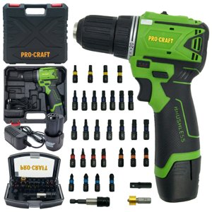 Procraft SPA12BL Brushless 12V - akumulátorový vrtací šroubovák se sadou bitů (včetně 2,0 Aha akumulátoru a nabíječky)