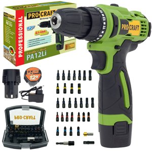 Procraft SPA12Li 12V - akumulátorový vrtací šroubovák se sadou bitů (s 2x 1,5 Ah akumulátorem a nabíječkou)