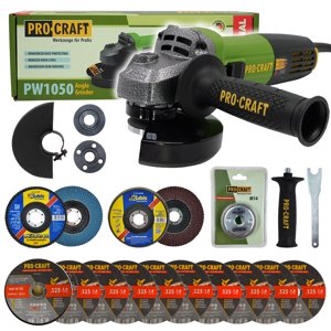 Procraft PW1050 úhlová bruska + rychloupínací matice, 10x řezný kotouč, 2x lamelový kotouč