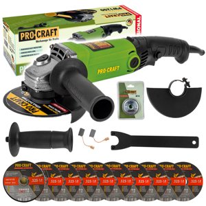 Procraft PW1200 - úhlová bruska + rychloupínací matice RM14, 10x řezný kotouč CD125x1.0b v kovovém box