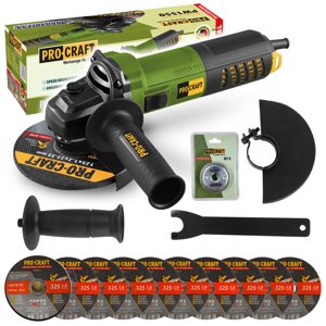 Procraft PW1550 - úhlová bruska + rychloupínací matice RM14, 10x řezný kotouč CD125x1.0b v boxu