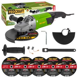 Procraft PW2650 - úhlová bruska + 5x řezný kotouč CD230x2.0