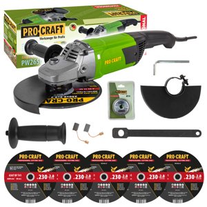 Procraft PW2650 - úhlová bruska + rychloupínací matice RM14, 5x řezný kotouč CD230x2.0