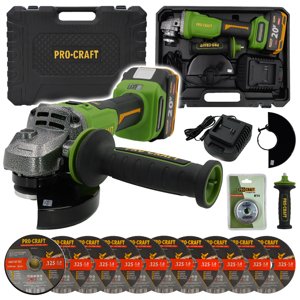Procraft PWA220 20V - akumulátorová úhlová bruska + rychloupínací matice, 10x řezný kotouč CD125x1.0b v kovovém boxu (s 4,0 Ah akumulátorem a nabíječkou)