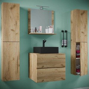 5dílná umyvadlová skříňka Lendas BL XL 60 cm se zrcadlem a 2 vysokými skříňkami, dub medový