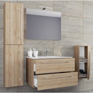 VCM 5dílná umyvadlová skříňka Badinos 2 zásuvky 60 cm se zrcadlem a střední/vysokou skříňkou, dub Sonoma