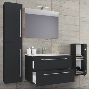 VCM 5dílná umyvadlová skříňka Badinos 2 zásuvky 80 cm se zrcadlem a střední/vysokou skříňkou, černá