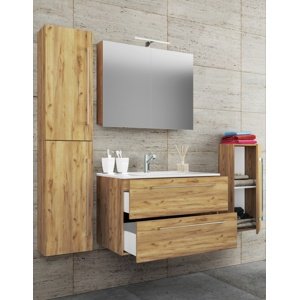 VCM 5dílná umyvadlová skříňka Badinos 2 zásuvky 80 cm se zrcadlem a střední/vysokou skříňkou, dub medový