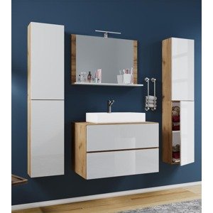 5dílná umyvadlová skříňka Lendas XL 80 cm se zrcadlem a 2 vysokými skříňkami, dub medový